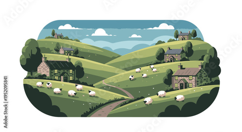 Illustration of a serene countryside landscape with rolling green hills, sheep grazing, and houses under a blue sky with white clouds.