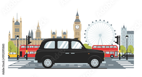 Illustration of a black taxi and red double-decker bus driving past iconic London landmarks like Big Ben and the London Eye in a stylized cityscape with a clean white background.
