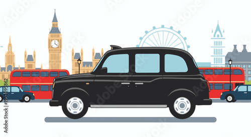 Flat illustration of a classic London taxi cab driving past iconic city landmarks and red double-decker buses in a stylized urban scene with a clean white background.