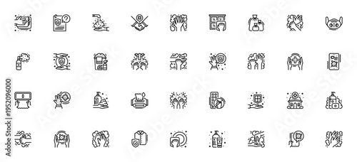 Health and Hygiene icon set. Vector symbols for hand washing, virus protection, cleaning, mask, sanitizer, safety and more. Minimal line icons pack.