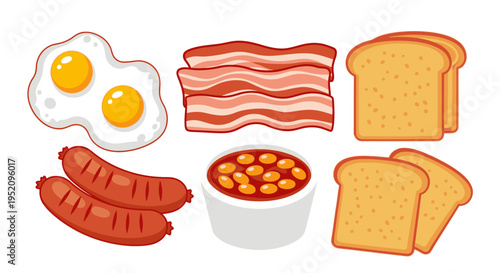 Flat lay illustration of breakfast foods including eggs, bacon, sausages, beans, and toast on a white background.