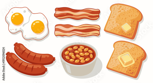 Flat lay illustration of breakfast foods including eggs, bacon, sausages, baked beans, and toast on a white background.