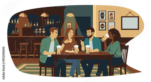 Illustration of four friends sitting at a table in a cozy coffee shop chatting and enjoying their beverages.