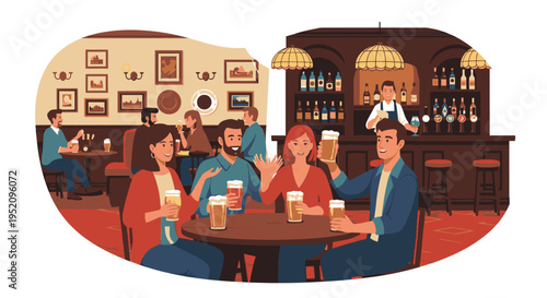 Illustration of a group of adults dining and socializing at a restaurant with a bar in the background, with warm lighting and a cozy atmosphere.