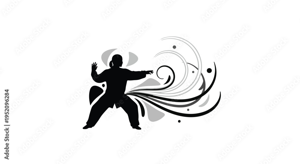 Fototapeta premium Martial artist silhouette in a dynamic pose generates swirling abstract energy.