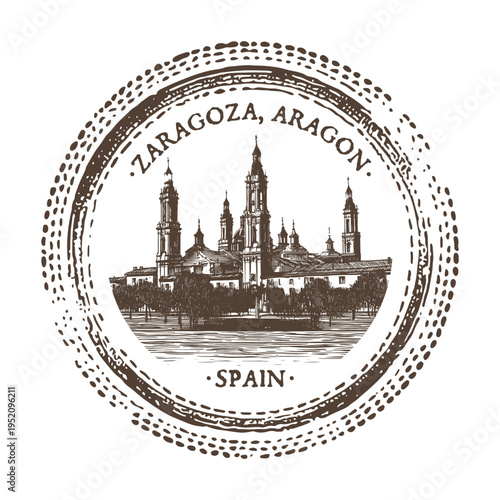 Official Vintage Postmark Design Representing The Historic City Of Zaragoza Along The Ebro