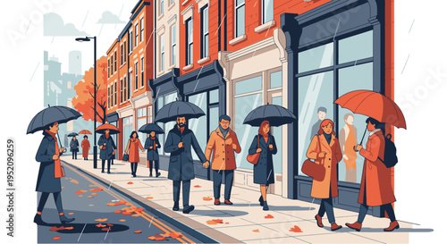 People walking on a sidewalk with umbrellas on a rainy day in front of storefronts with a cityscape background and autumn leaves.