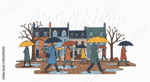 Illustration of people walking on a wet sidewalk with colorful umbrellas on a rainy day in front of buildings.