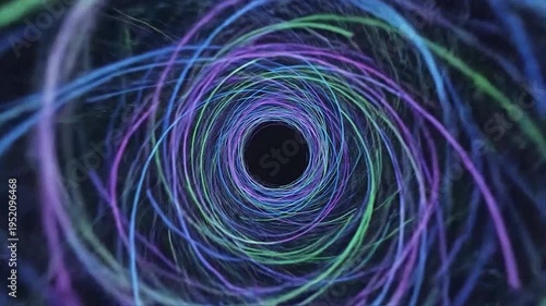 Abstract swirling vortex of colorful light trails in darkness
