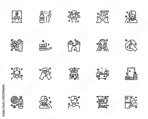 Personal hygiene icon set. Vector illustrations of tissue box, hand sanitizer, washing hands, dental care, virus, bathtub, cleaning and more. Editable thin line icons.