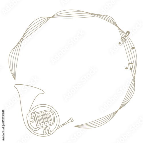 音符と楽器の円形フレーム　シンプルな音楽デザイン素材（ホルン）