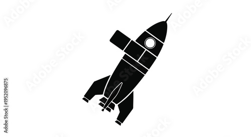 Rocket ship icon in sleek black, angled dynamically for launch or rapid upward.