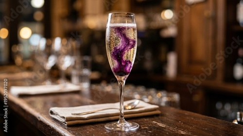 Close-up of Kir Royale with crème de cassis purple cloud rising in champagne, no text, no logos, no faces, French aperitif concept for bar brand or culinary editorial, commercial use