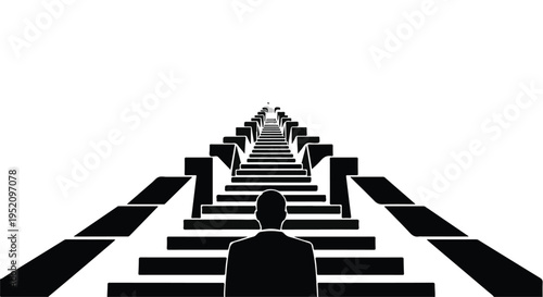 Person silhouette stands at the bottom of an endless staircase, symbolizing ambition.