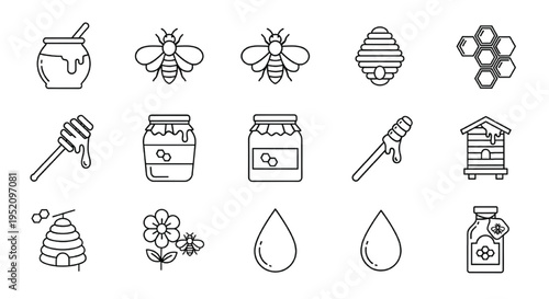 Honey and Beekeeping Line Icons Set Bee Jar Dipper Hive Honeycomb Outline Vector Collection