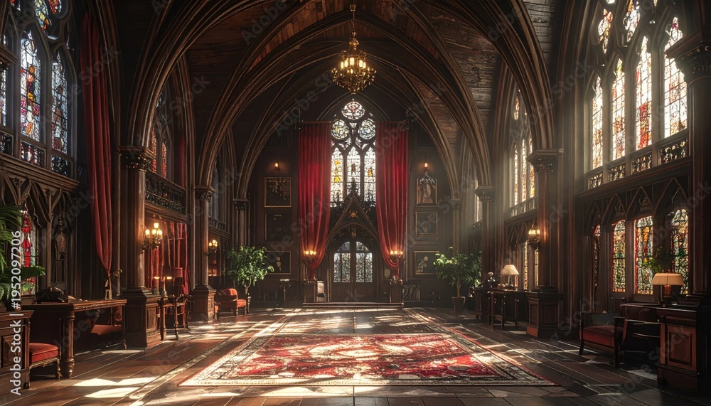 Obraz premium Gothic Grand Hall Interior with Arched Ceilings and Red Velvet Curtains