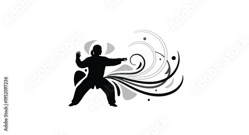 Martial artist silhouette performs a dynamic pose with swirling abstract energy.