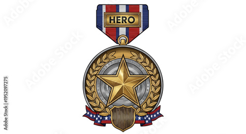 Gold Hero Medal with Star, Laurel Wreath, and Patriotic Ribbon. A symbol of bravery, achievement, and honor for military, police, or civilian heroes.