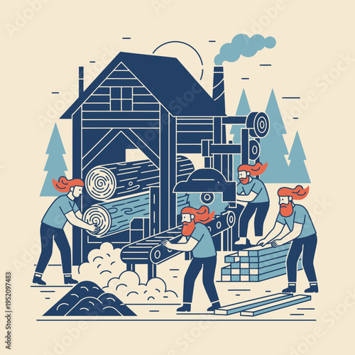 Lumberjack Team Working at Sawmill Processing Logs.