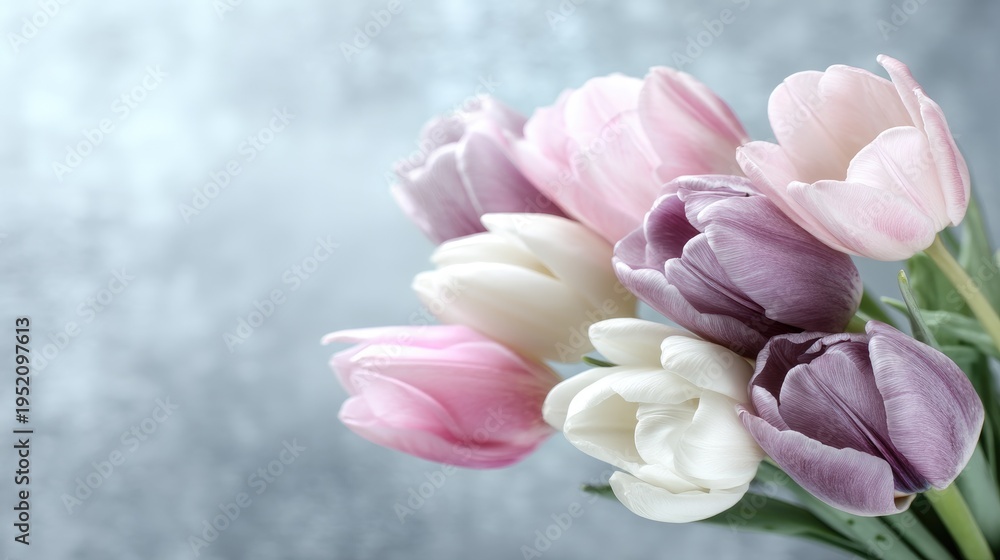 Fototapeta premium Beautiful Arrangement of Fresh Tulips in Soft Pastel Colors on a Subtle Textured Background for Spring Decor and Floral Themed Designs
