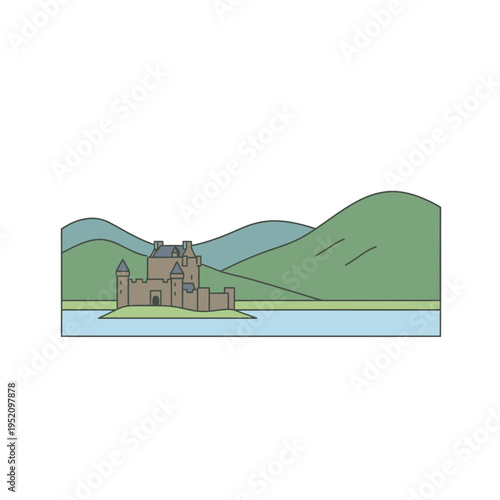 Medieval Castle Fortress on Island Water Landscape.