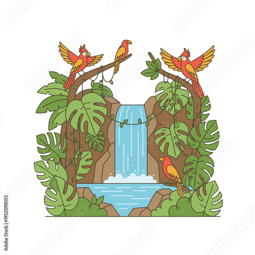 Vibrant jungle waterfall scene with exotic birds perched on branches amidst lush tropical foliage