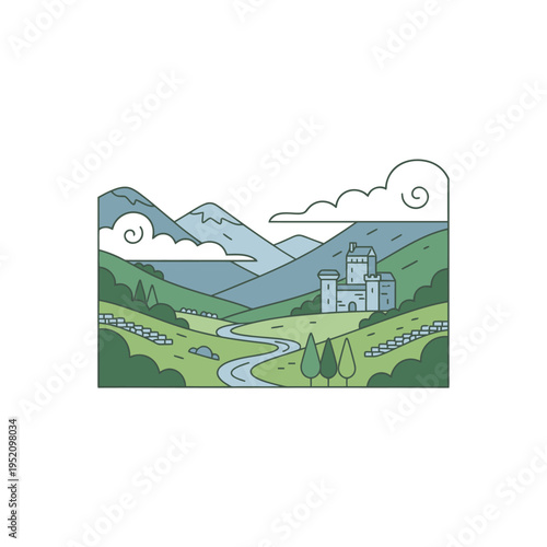 Medieval Castle on a Verdant Hillside Landscape.