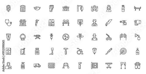 Hospital icon set. Medical vector icons pack. Includes symbols for doctor, ambulance, surgery, medicine, equipment and more. Editable stroke illustration.