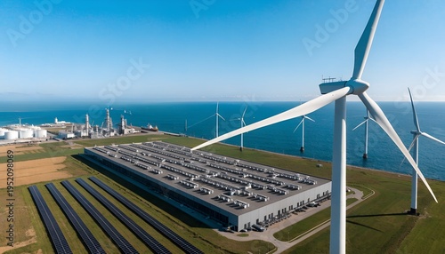 Aerial view of white data center campus with HVAC rooftops, solar panels, wind turbines. Green fields, ponds. Sustainable cloud infrastructure, renewable energy integration.