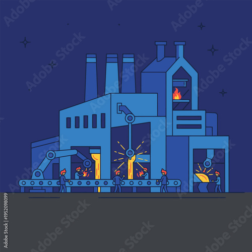 Modern Factory Production Line with Robotic Arms and Molten Metal.