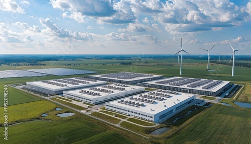 Aerial view of white data center campus with HVAC rooftops, solar panels, wind turbines. Green fields, ponds. Sustainable cloud infrastructure, renewable energy integration.