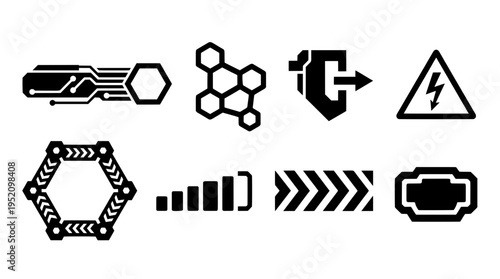 Collection of black industrial cyberpunk vector icons. Features hexagon network grids, high voltage warning signs, chevron arrows, and sci-fi HUD UI