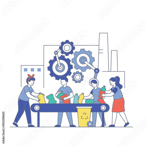 People working together on a recycling conveyor belt.