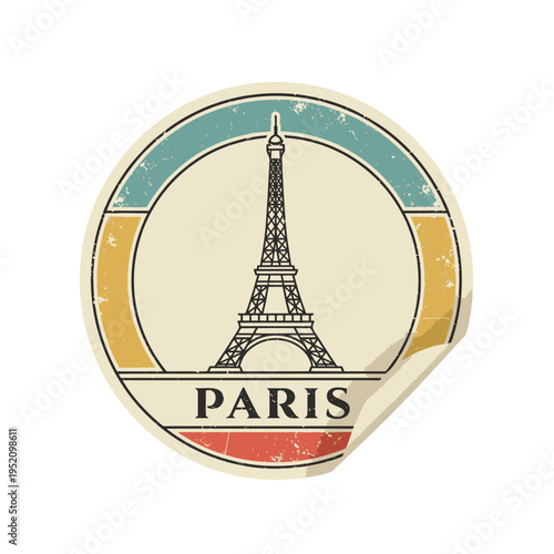 Vintage Eiffel Tower Illustration with Paris Label - Retro Travel Sticker Design