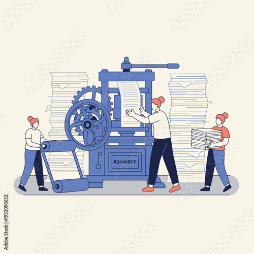 Antique Printing Press in Operation Workers Handle Paper Rolls and Stacks for Vintage Publishing