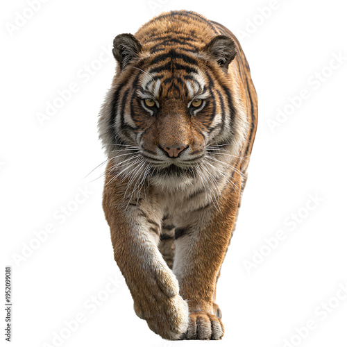 Tiger Walking Toward Camera Isolated PNG on Transparent Background, Powerful Wildlife Animal Full Body Front View