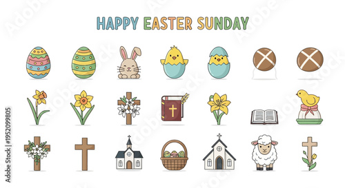 Happy Easter Sunday Celebration Elements Including Symbols of Spring, Christianity, and Religious Holidays
