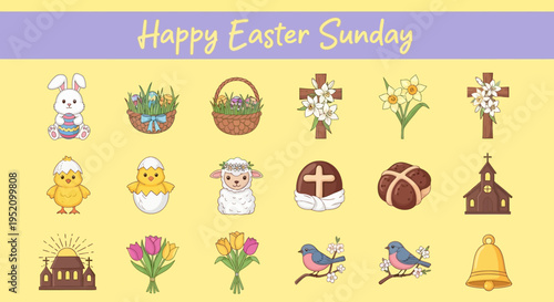 Cheerful Easter Sunday themed illustrations collection featuring traditional symbols like bunnies, chicks, eggs, and flowers, perfect for holiday greetings and designs