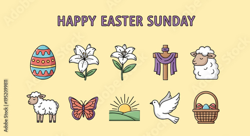Happy Easter Sunday icon set with painted eggs, lilies, cross, sheep, sunrise, dove, and basket with eggs