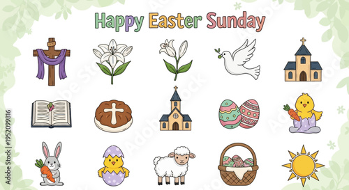 Easter Sunday illustration set. Features cross, lilies, dove, church, lamb, bunny, chick, decorated eggs. Ideal for holiday designs, spring projects