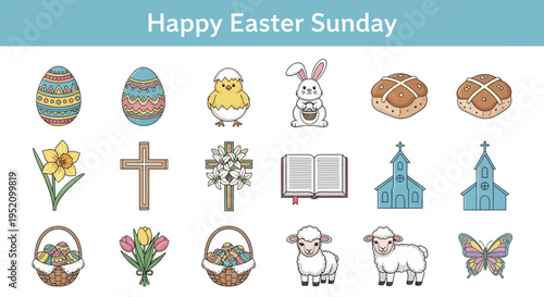 Happy Easter Sunday illustrations featuring Easter eggs, a chick, a bunny, hot cross buns, a daffodil, a cross, lilies, a bible, churches, baskets, tulips, sheep, and a butterfly