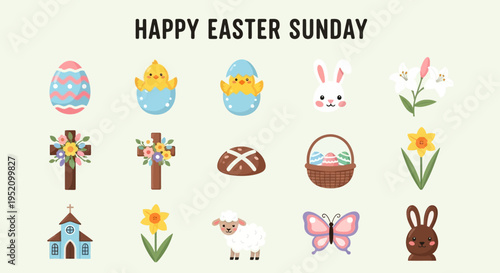 Happy Easter Sunday greeting card with cute symbols like Easter eggs, chicks, bunny, flowers, cross, and church