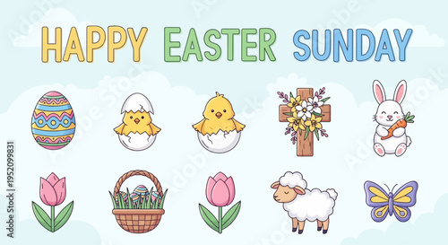 Whimsical Easter Sunday Icons Collection Cute Bunny, Chick, Egg, and Floral Cross Illustrations for Spring Holiday Designs