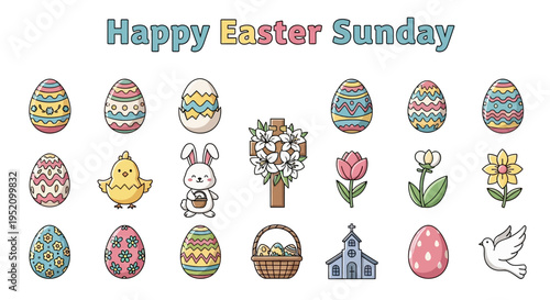 Vibrant collection of cheerful Easter Sunday icons featuring decorated eggs, cute bunnies, chicks, and festive spring symbols for holiday celebrations