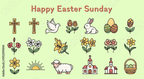 Happy Easter Sunday collection of vector icons, including religious crosses, spring flowers, cute bunnies, colorful eggs, and traditional churches for holiday designs