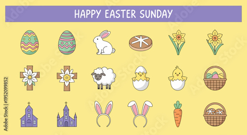 Vibrant collection of cheerful Easter holiday icons, featuring spring symbols like decorated eggs, cute bunnies, flowers, and religious elements for festive designs