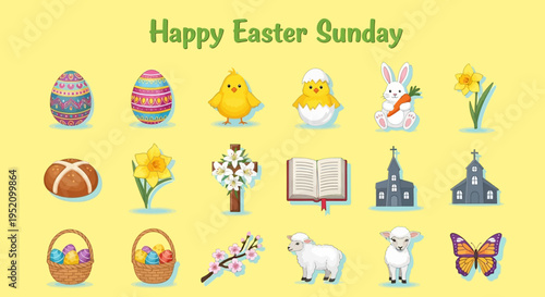 A delightful collection of vibrant Easter icons, showcasing traditional symbols of spring and renewal, perfect for celebrating the joyful holiday season with cheer and warmth