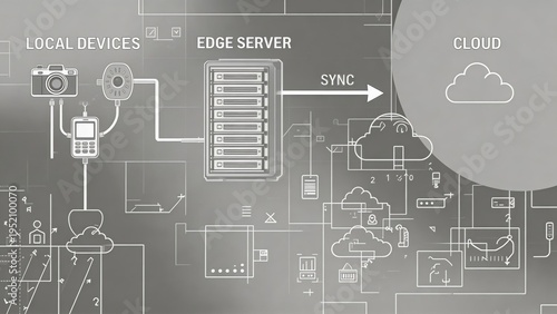 Edge computing network diagram showing local devices connecting to edge server with sync to cloud storage illustrating IoT data flow and distributed infrastructure for smart