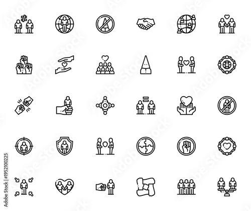 Anti-racism icon set. Vector illustration pack featuring diversity, unity, equality, protest, love, community, security and global symbols for social justice. Editable stroke.