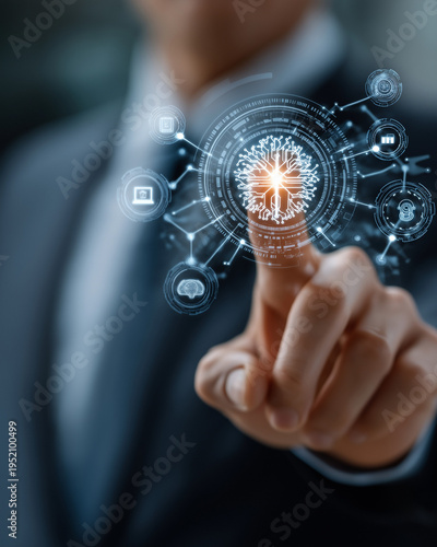 Digital Interface: An executive's touch activates a futuristic digital interface, showcasing the interconnectedness of technological innovation and its impact on the business landscape.